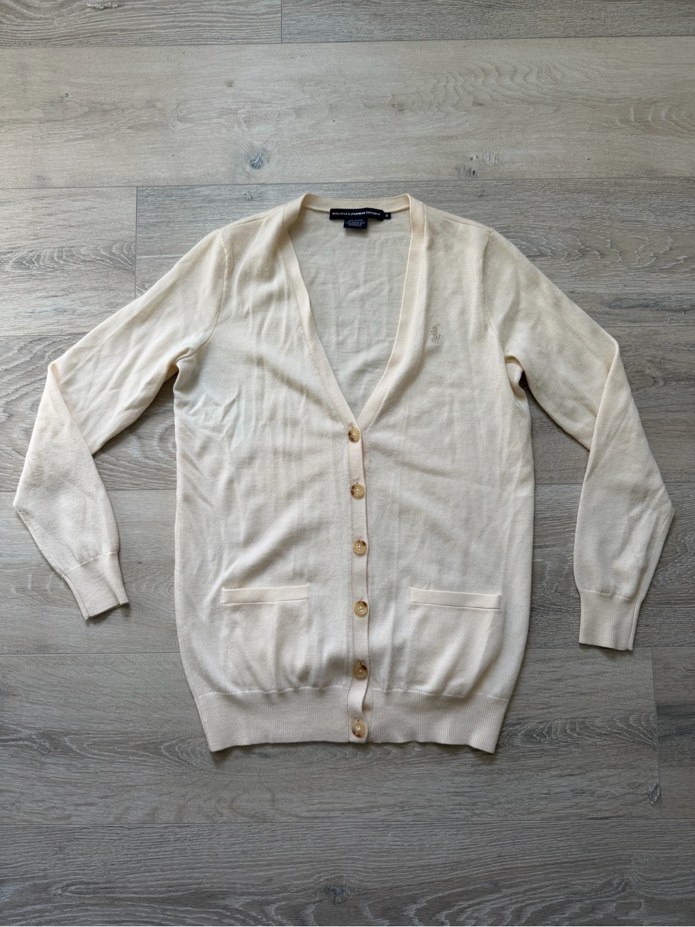 Ralph Lauren Vintage Cream V-Neck Merino Wool Button Front Cardigan Sz. M